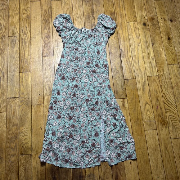 No Comment Dresses & Skirts - No Comment NY-LA Floral Milkmaid Midi Dress Sage Green Puff Sleeve Slit Large